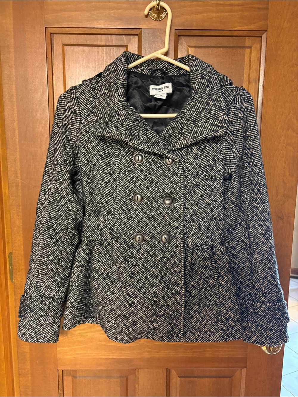 Celebrity Pink Black & White Herringbone Pea Coat